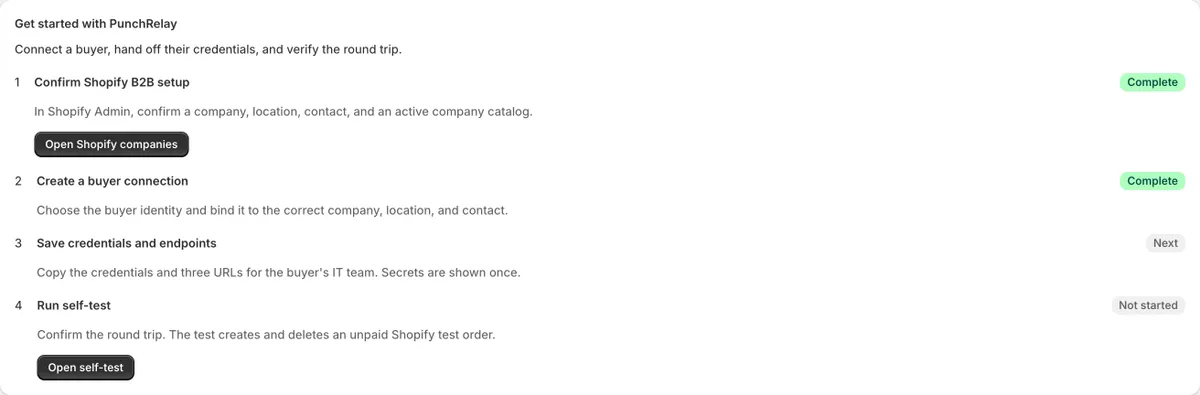 Home showing the four setup steps and their progress badges