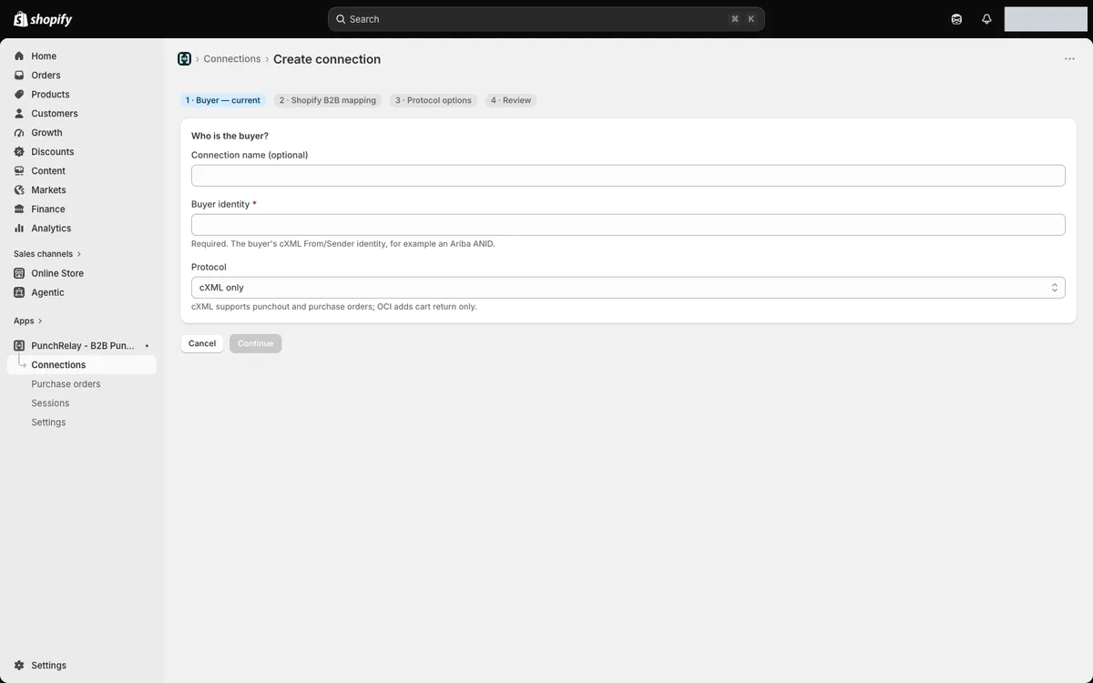 Buyer wizard screen with connection name, buyer identity and protocol fields
