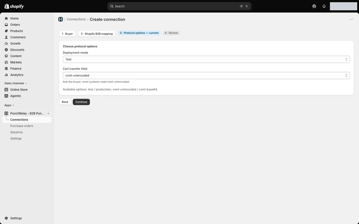 Protocol options with deployment mode Test and cart transfer field cxml-urlencoded