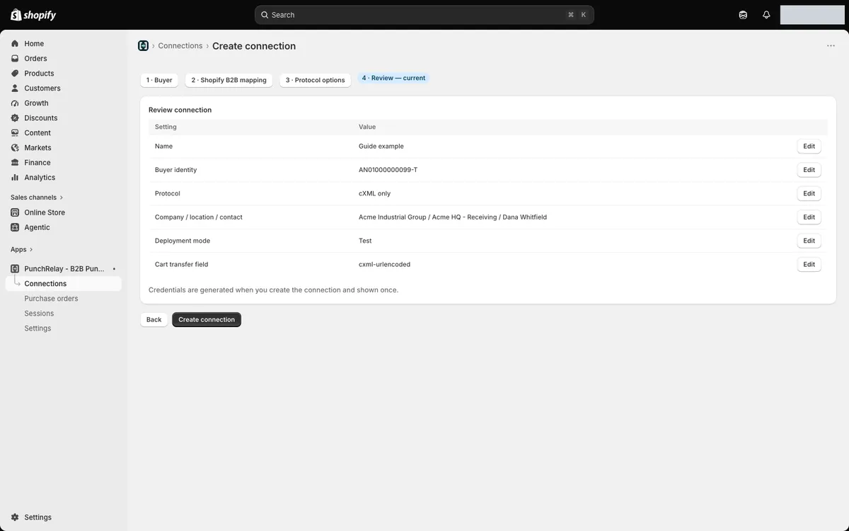 Review table for the Guide example buyer connection