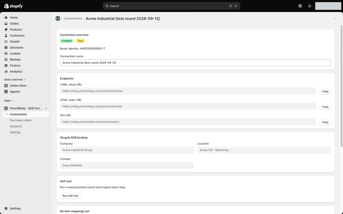 Acme connection overview and Endpoints card with cXML setup, cXML order and OCI URLs